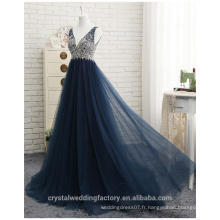 A-Line V-Neck Beading Crystal Long Robe formelle Robe de bal bleu marine CWFP2437